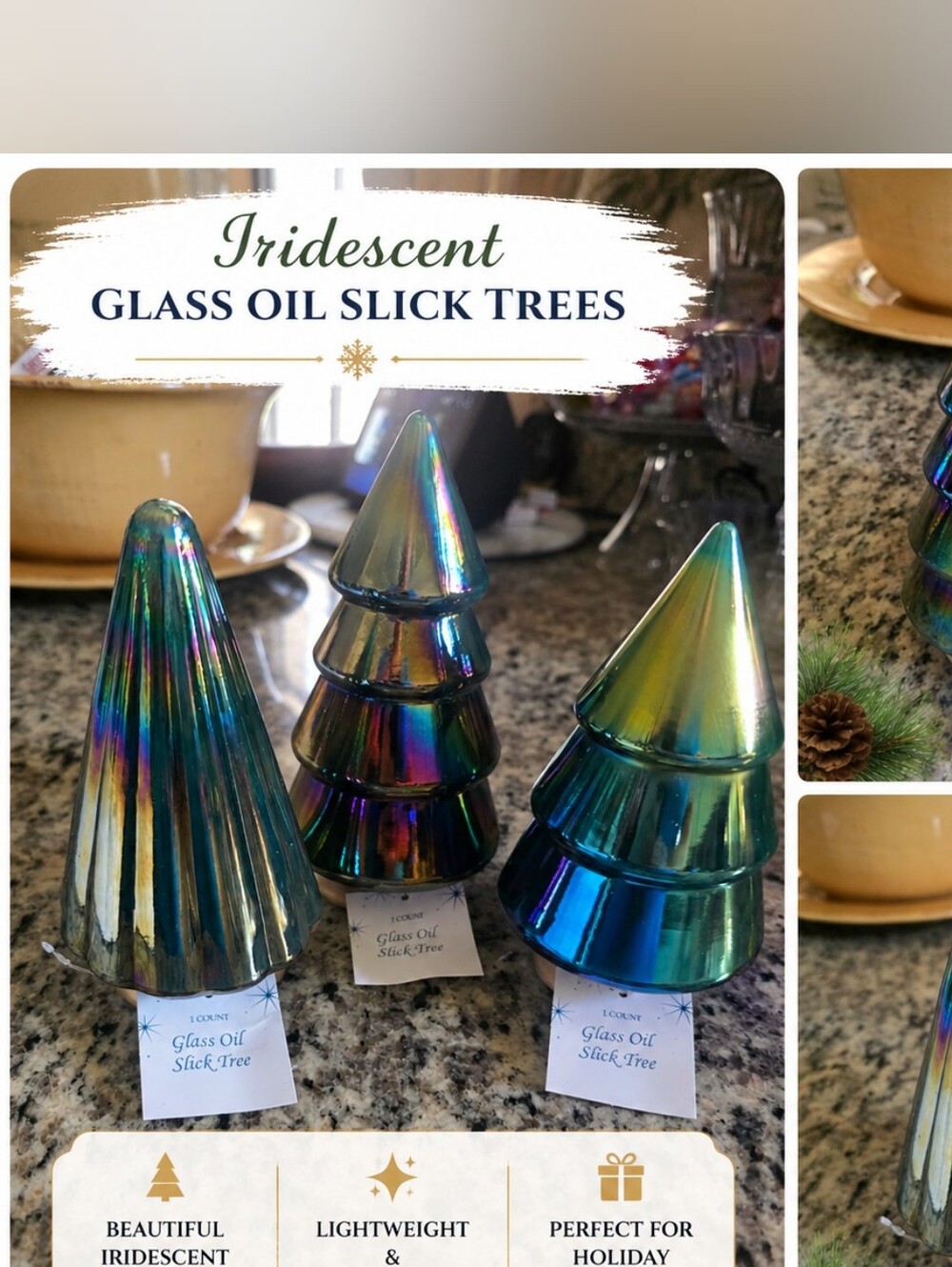 Set of 3 Iridescent Glass Oil Slick Christmas Trees Tabletop Decor NWT - Picture 2 of 11